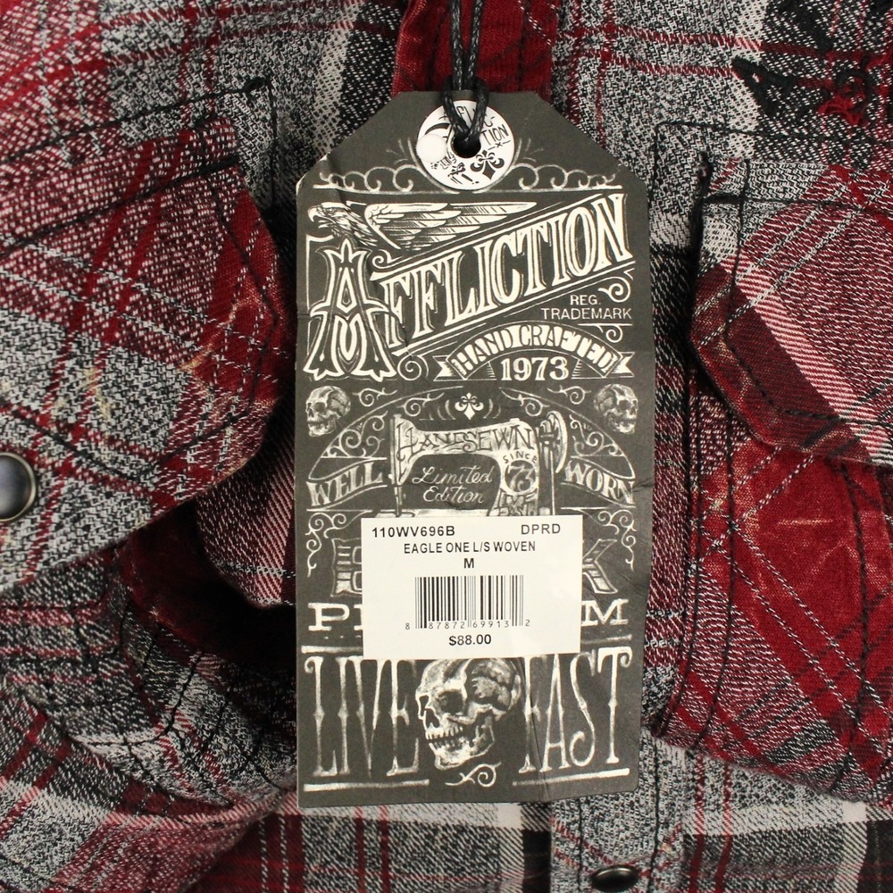Affliction Flannel Shirt Mens M Red Woven Pearl Snap Black Premium Eagle One NEW - Picture 4 of 11